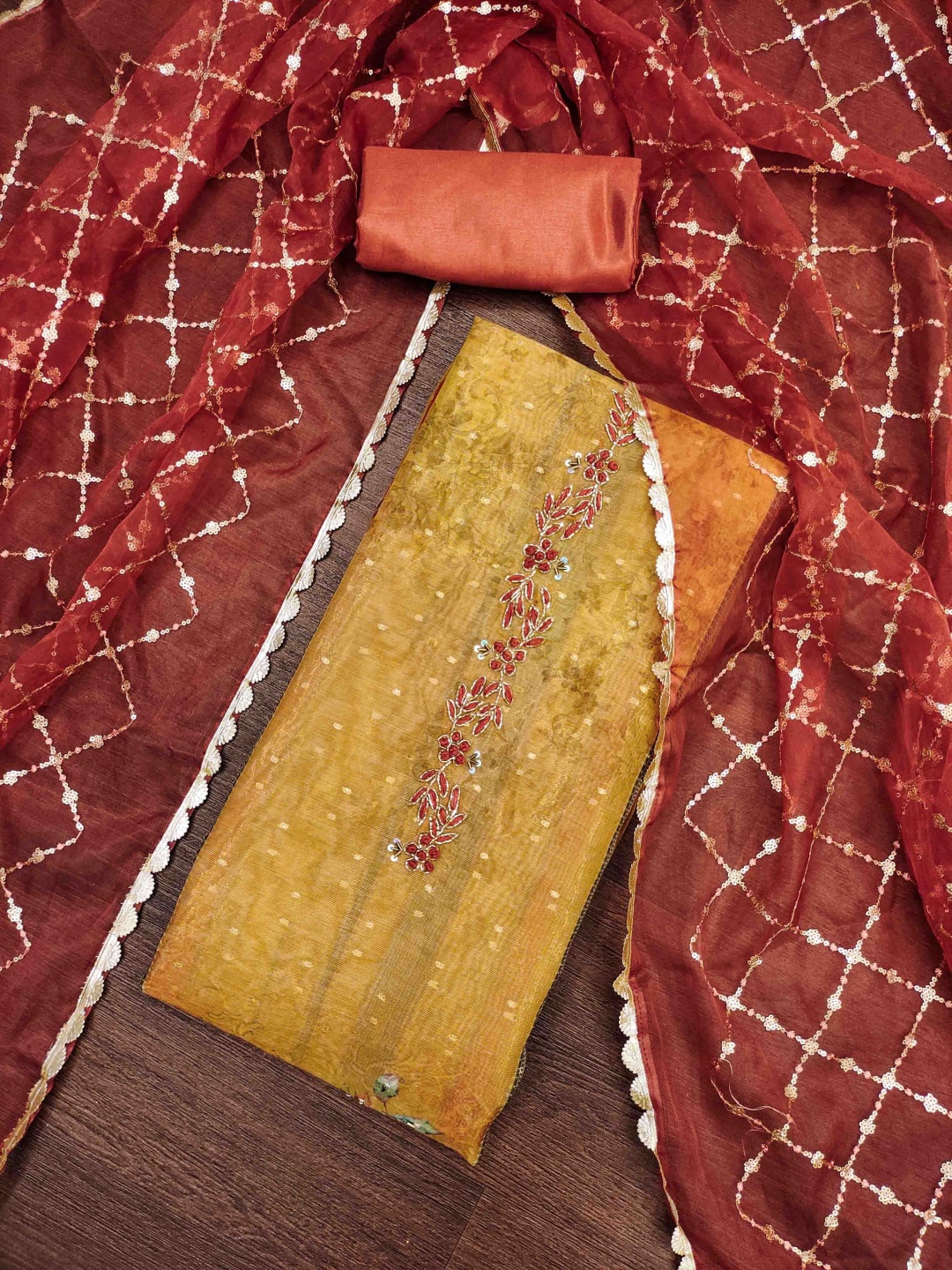 

KALINI Embellished Unstitched Dress Material, Mustard