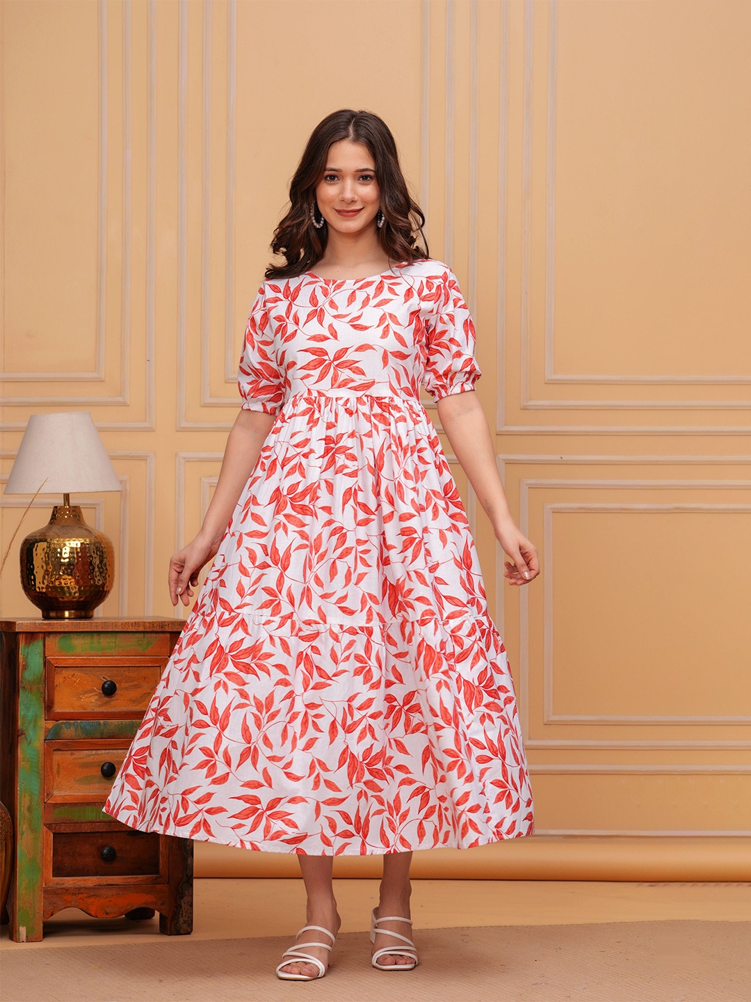 

Twirl Tales Floral Print Puff Sleeve A-Line Midi Dress, Orange