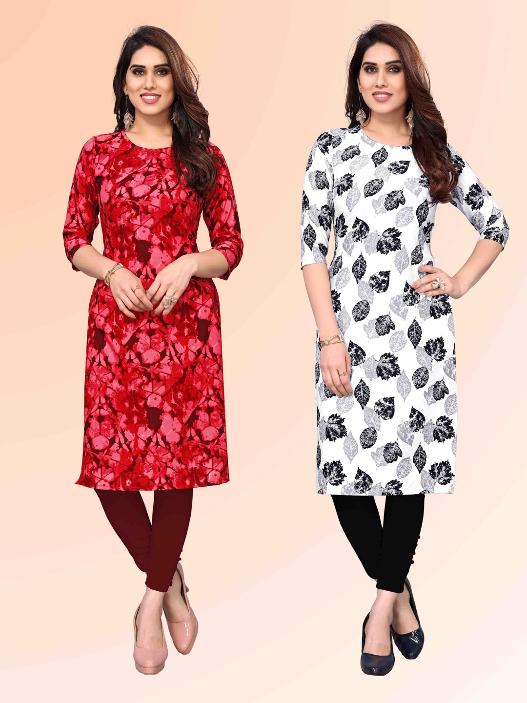 

KETAKI FASHION Selection Of 2 Floral Printed Round Neck Straight Kurtas, Red