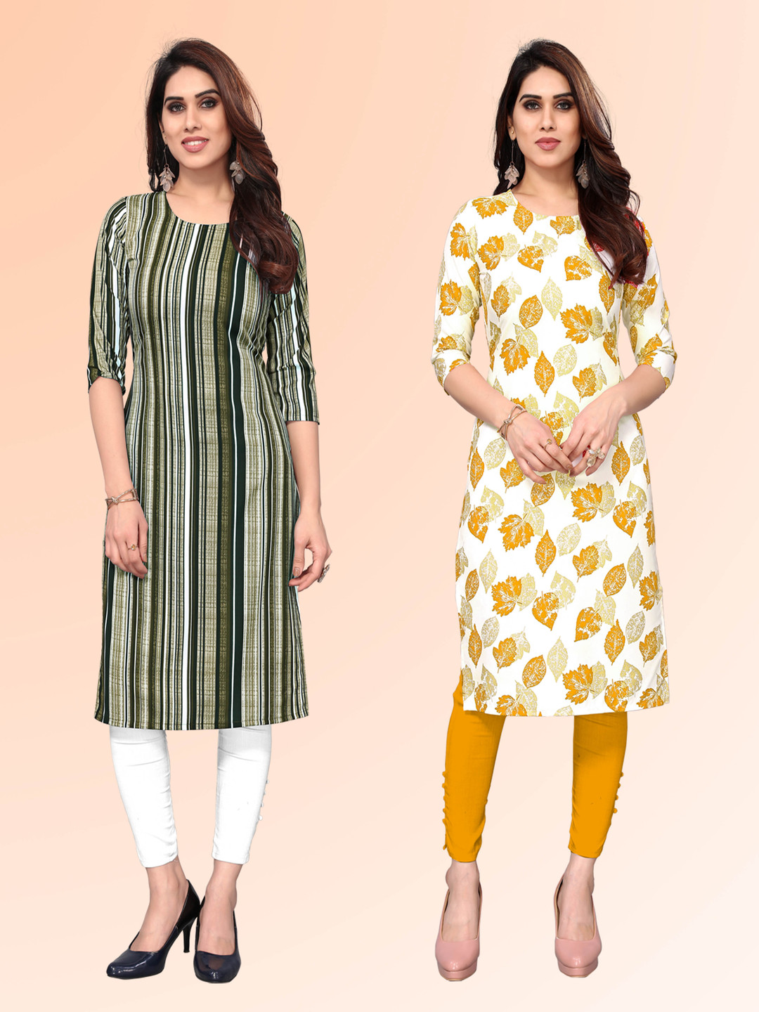 

KETAKI FASHION Selection Of 2 Floral Printed Round Neck Straight Kurtas, Yellow
