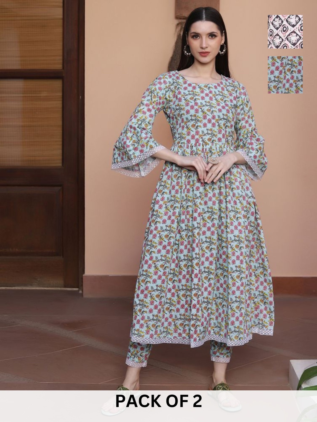

KALINI Selection Of 2 Floral Printed Anarkali Kurtas With Trousers, Blue