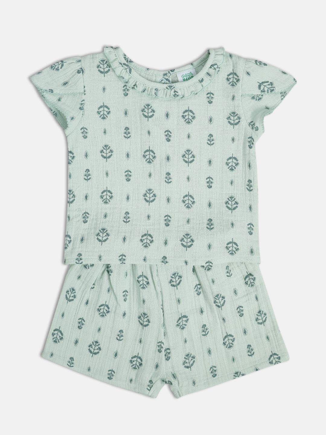 

MINI KLUB Girls Printed Round Neck Pure Cotton Top With Shorts, Blue