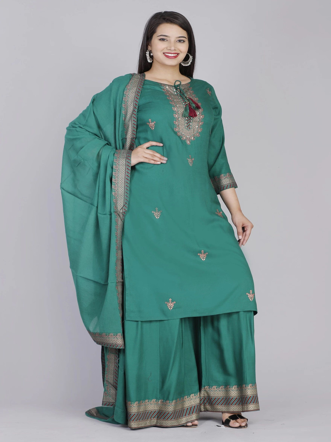 

Moda Rapido Ethnic Motifs Printed Embroidered A-Line Kurta With Sharara & Dupatta, Green