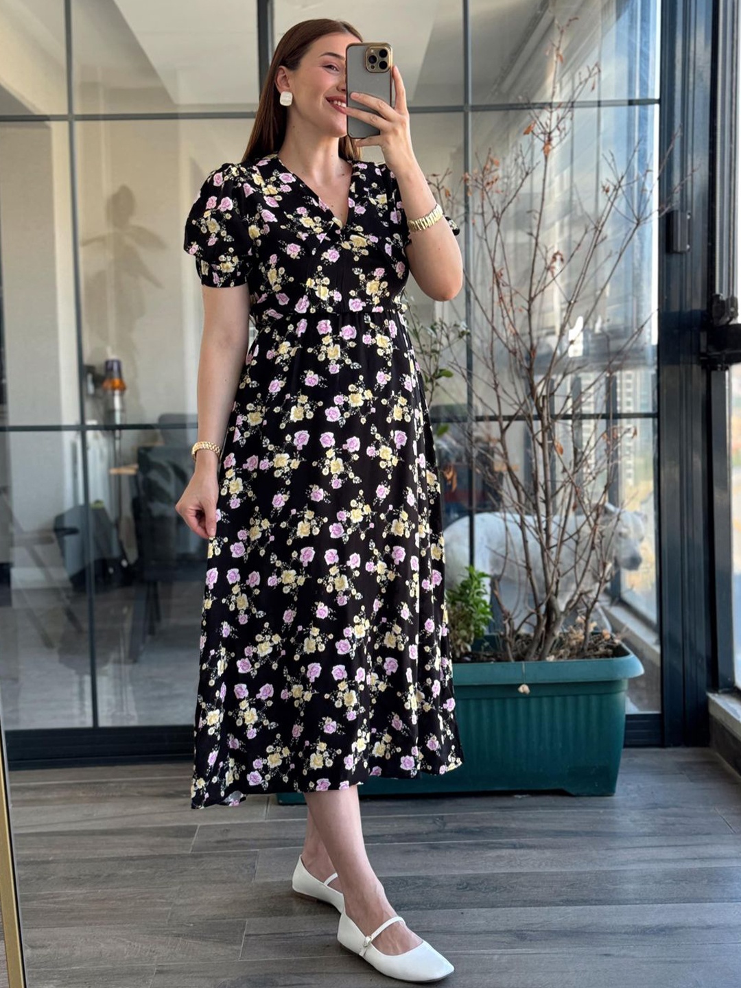 

PIMU Floral Print Puff Sleeve Fit & Flare Dress, Black