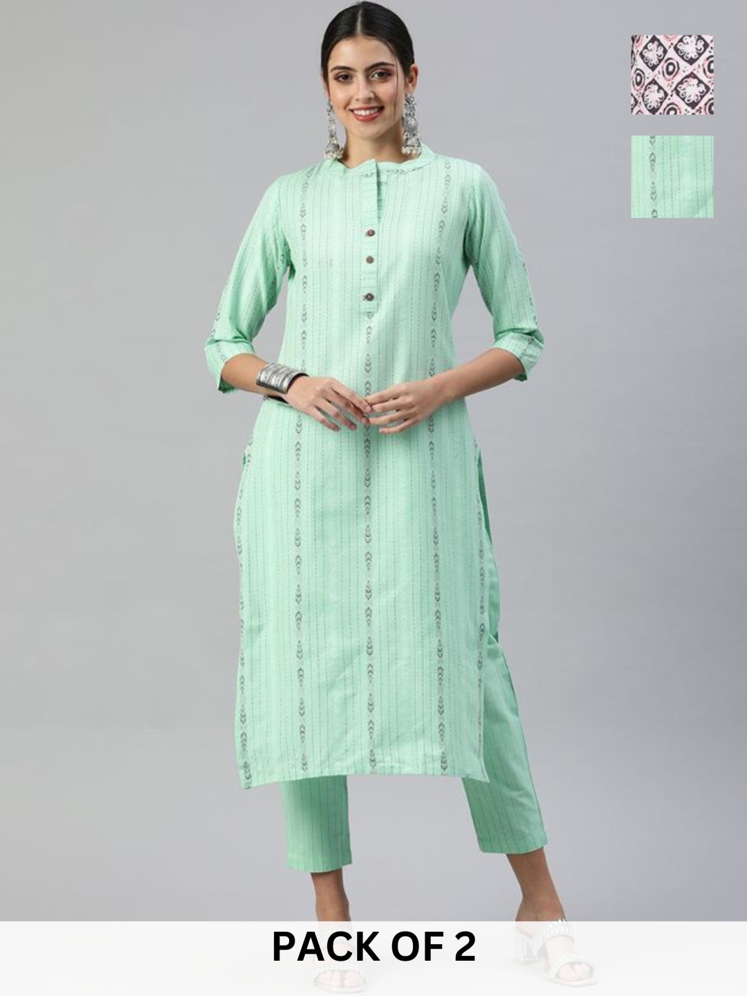 

KALINI Selection Of 2 Striped Mandarin Collar Kurta with Trousers, Green