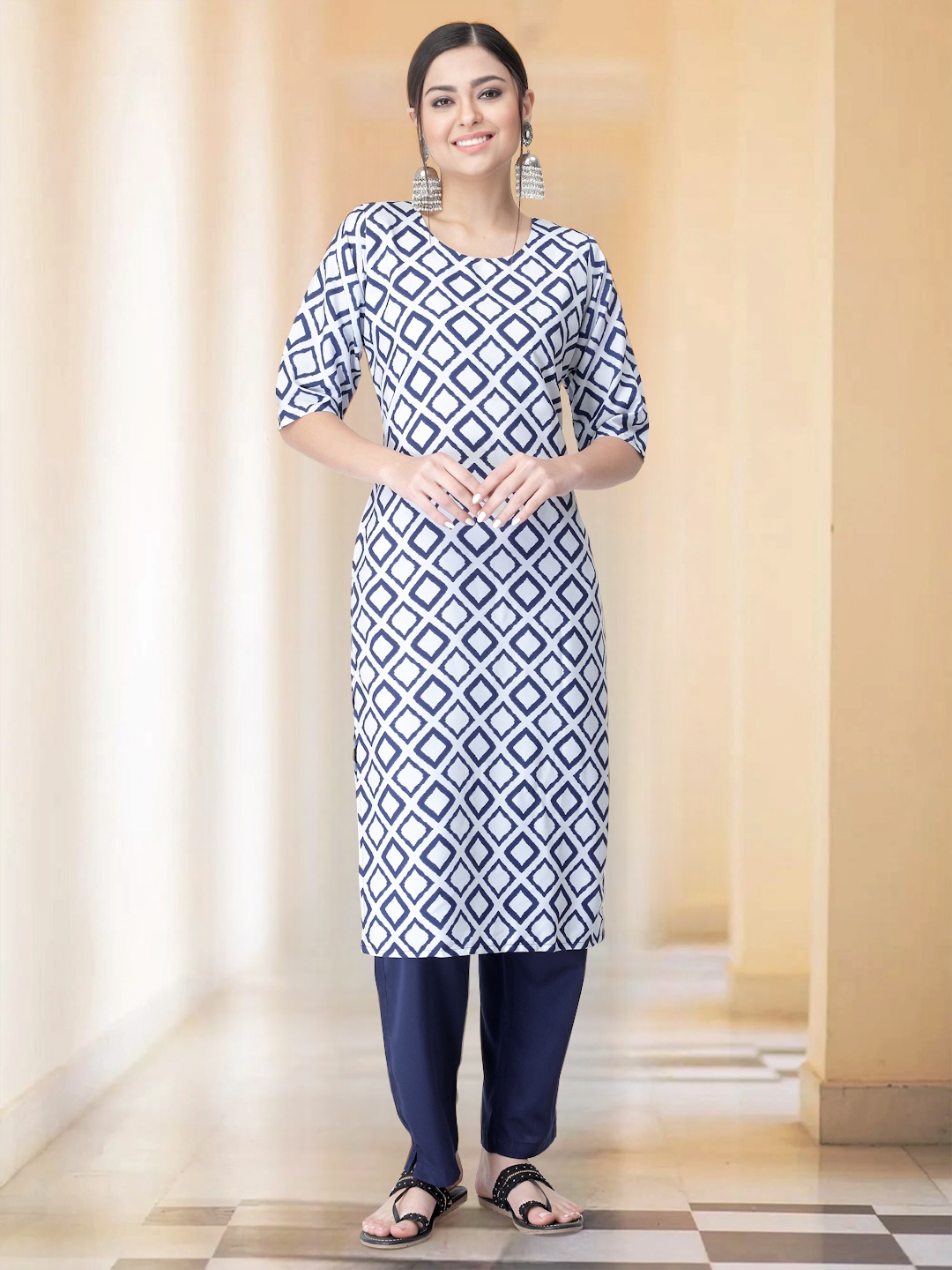 

7Threads Selection Of 2 Ethnic Motifs Printed Round Neck Straight Kurta With Trousers, Blue