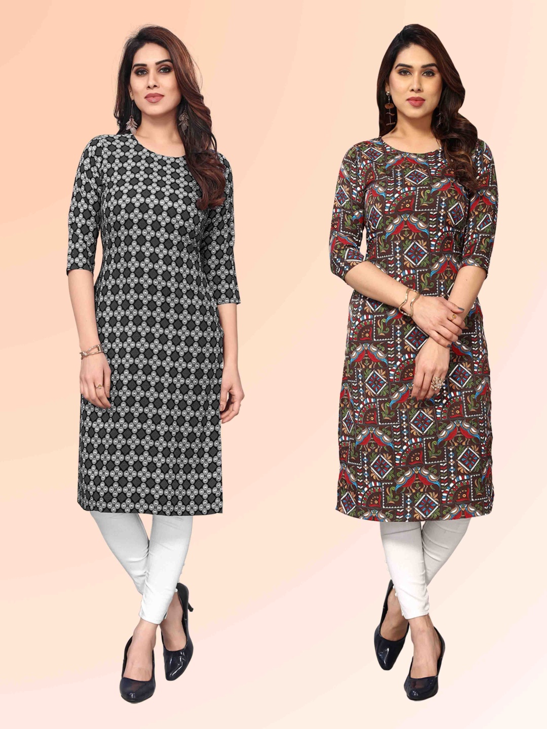 

KETAKI FASHION Selection of 2 Geometric Printed Round Neck Straight Kurtas, Black
