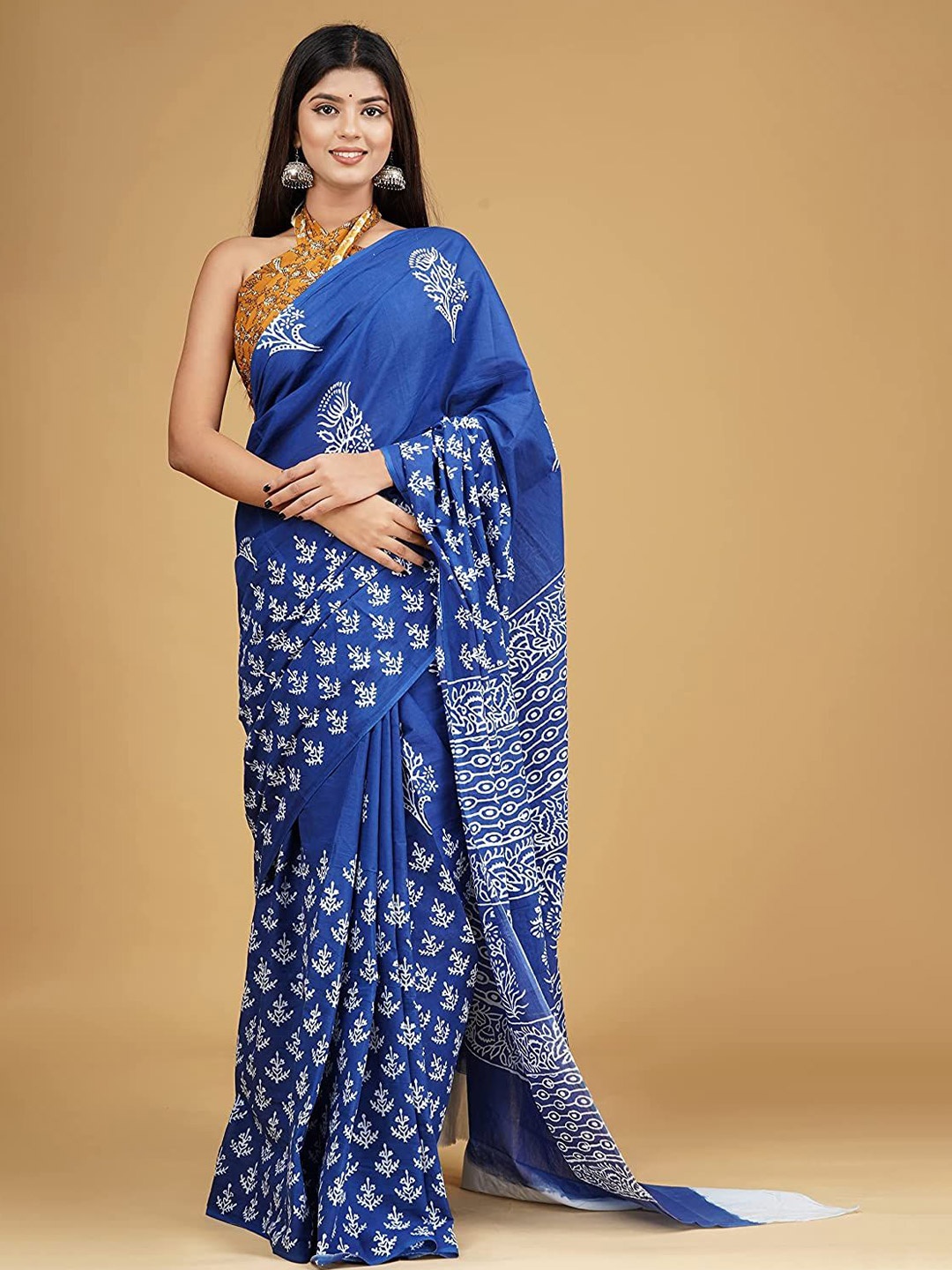 

Craft Musium Floral Pure Cotton Bagru Saree, Blue