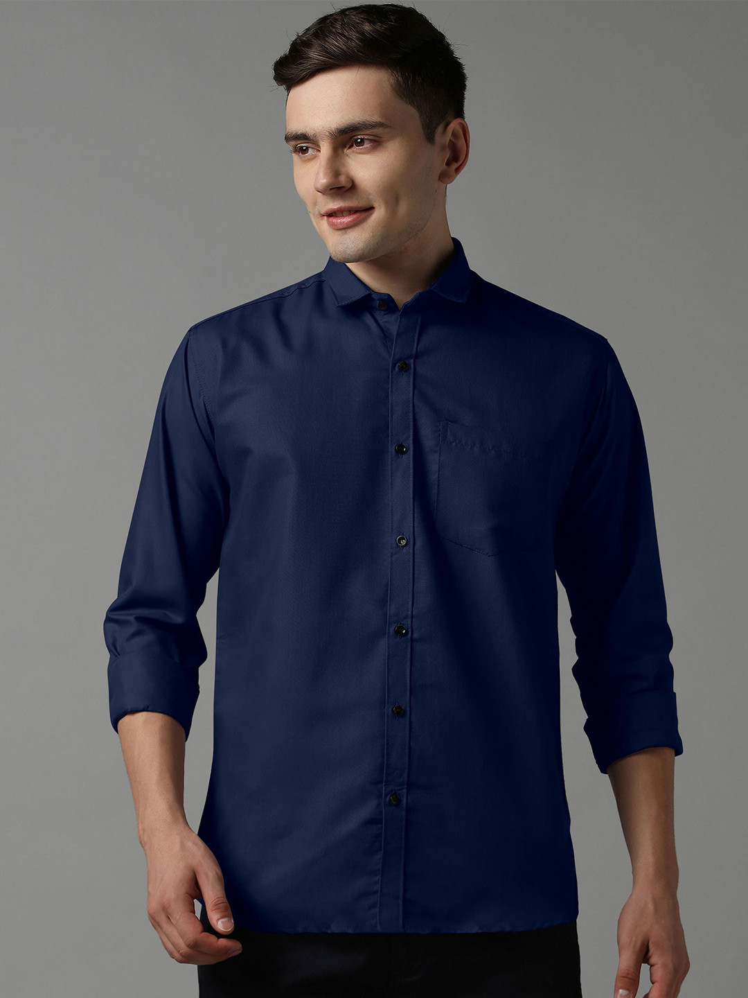 

WOXEN Men Original Fit Spread Collar Solid Cotton Formal Shirt, Navy blue