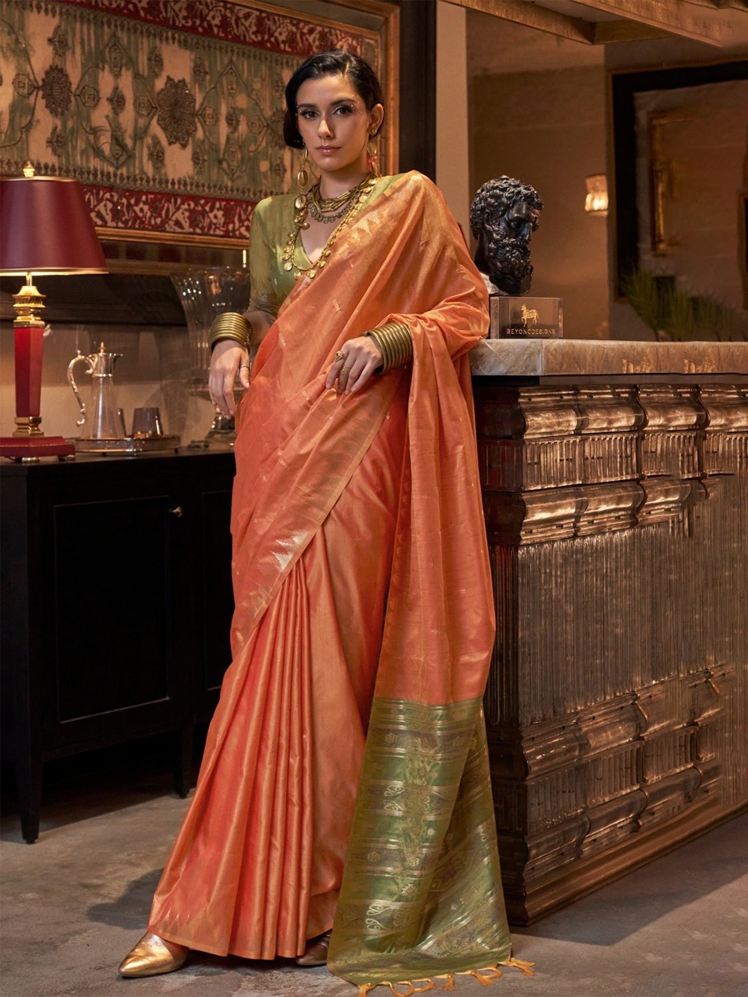 

PEENGAX Woven Design Zari Tussar Saree, Orange