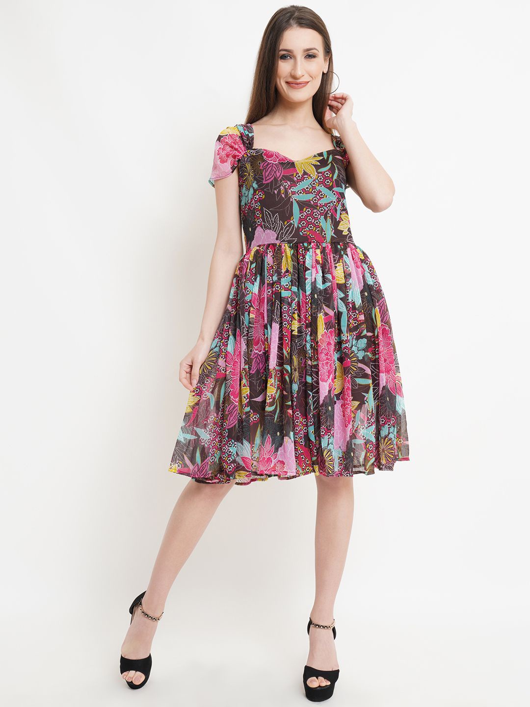 

MISS HAUTE Women Floral Printed Fit & Flare Dress, Brown