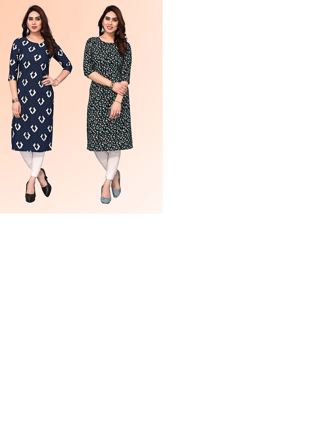 

KETAKI FASHION Selection Of 2 Floral Printed Round Neck Straight Kurtas, Black