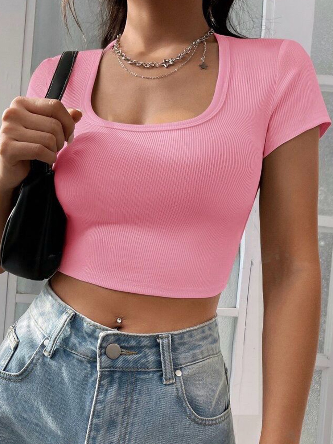 

sollobell Scoop Neck Cotton Crop Top, Pink
