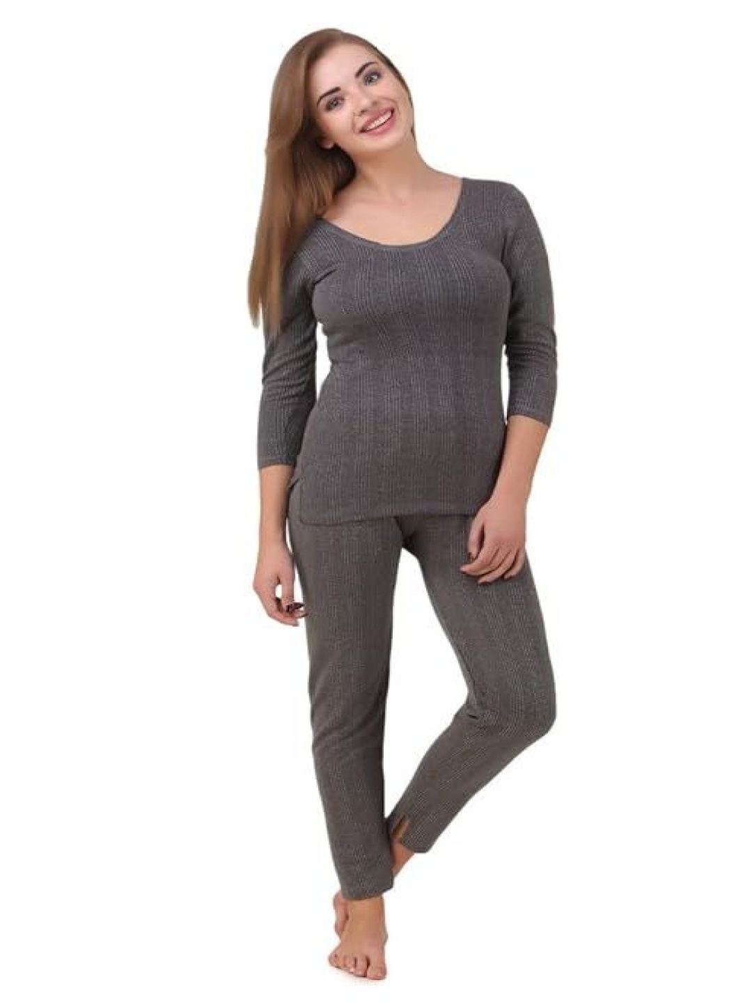 

HAP Women Striped Round Neck Pure Cotton Thermal Set, Grey