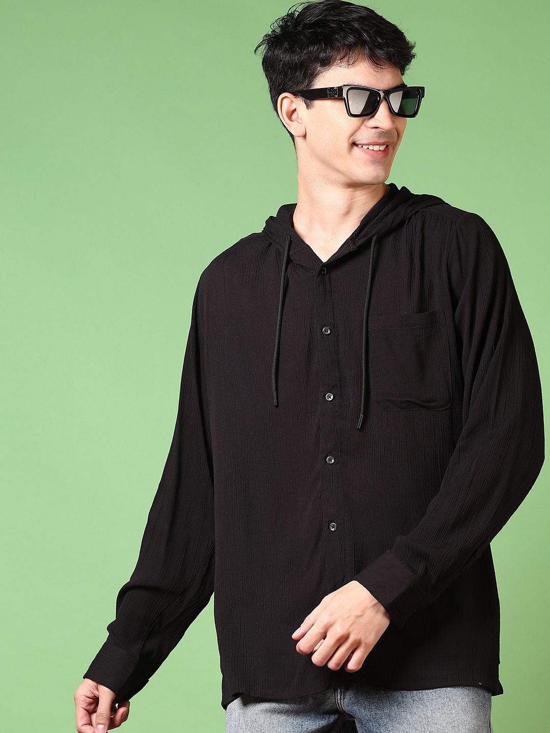 

V-Mart Men Hood Solid Cotton Casual Shirt, Black