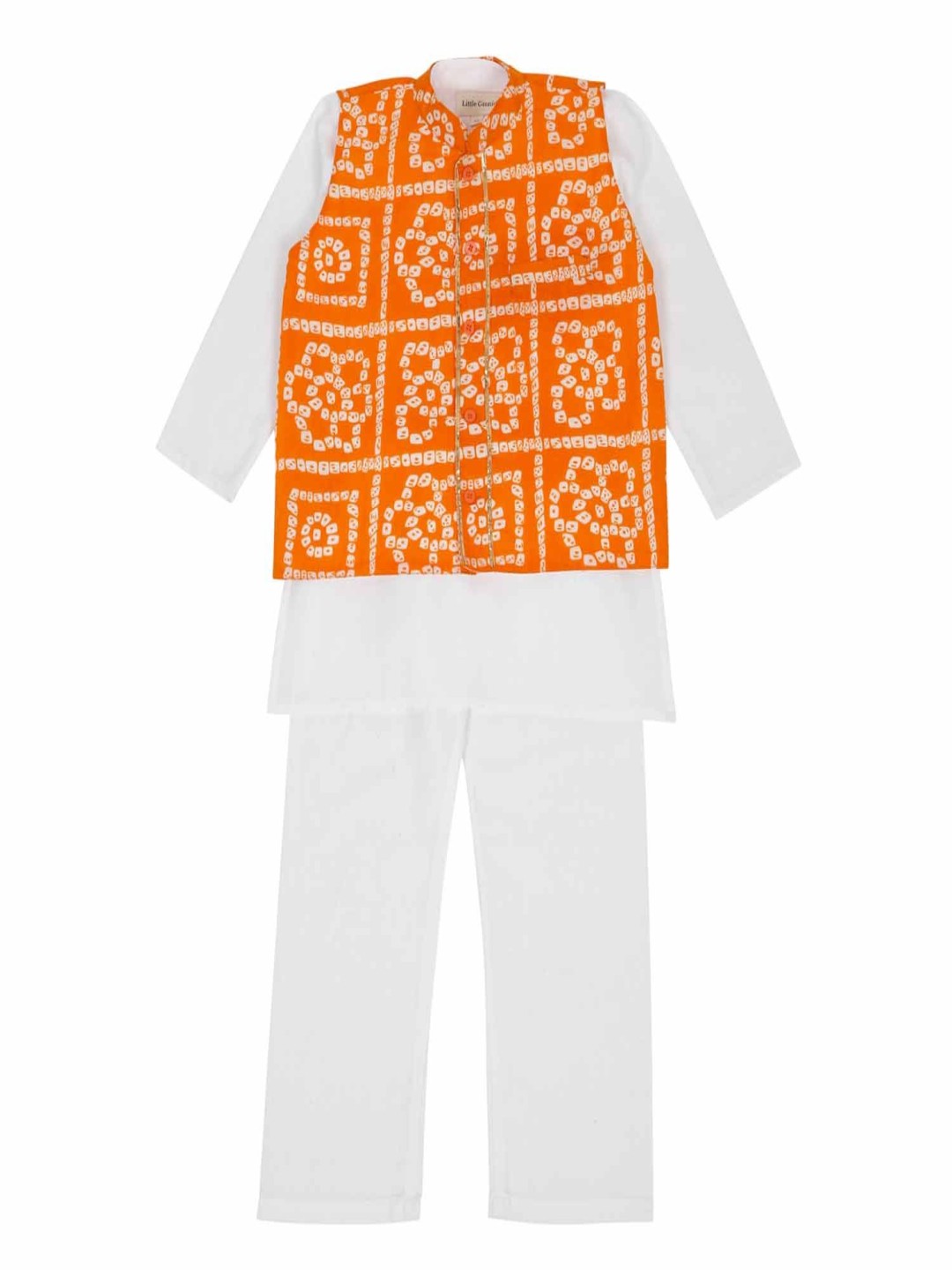 

LITTLE GINNIE Boys Bandhani Printed Straight Pure Cotton Kurta With Pyjamas and Jacket, White