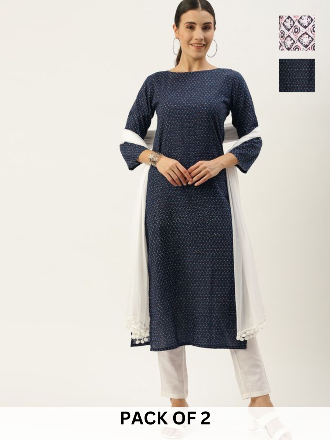 

KALINI Women Floral Printed Boat Neck Regular Kurta with Trousers, Navy blue