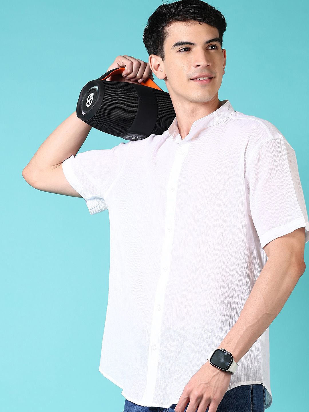 

V-Mart Men Mandarin Collar Textured Cotton Casual Shirt, White