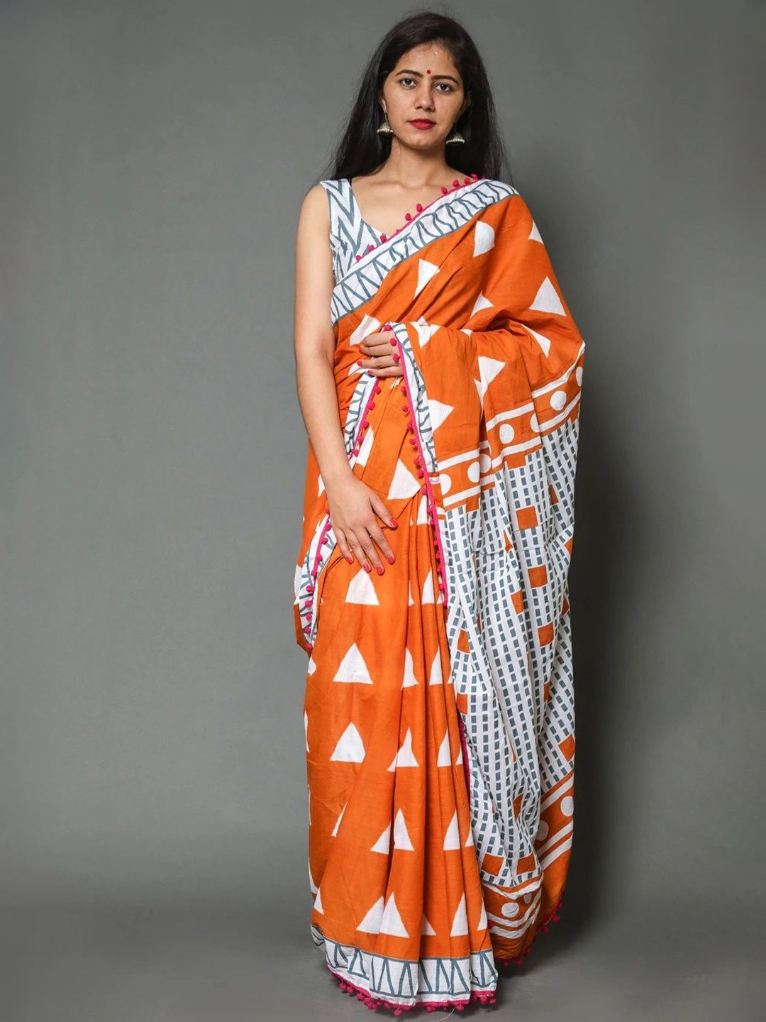 

Craft Musium Floral Pure Cotton Bagru Saree, Orange
