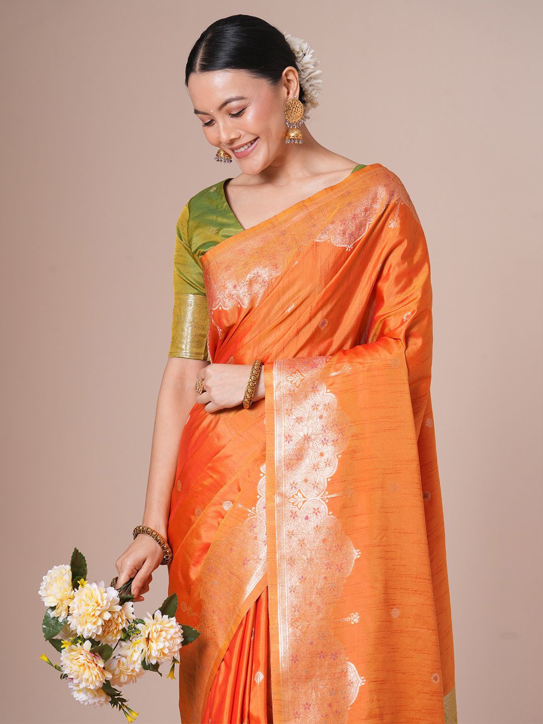 

House of Pataudi Ethnic Motifs Zari Banarasi Saree, Orange