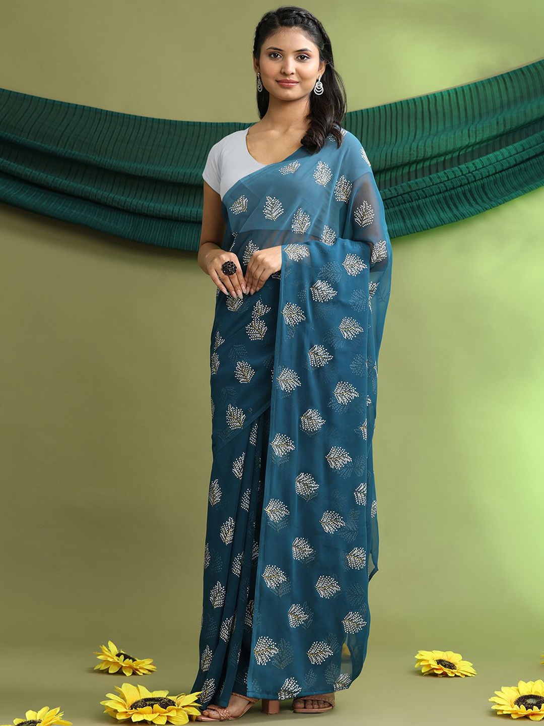 

Pionex Floral Printed Pure Georgette Chanderi Saree, Teal