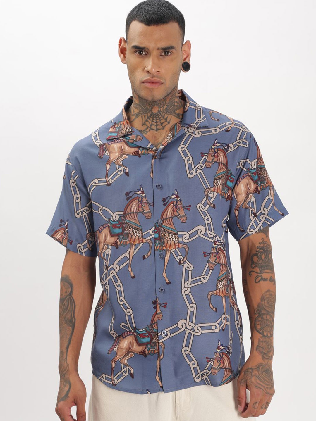 

BUMCHIQ Men Comfort Relaxed Fit Cuban Collar Graphic Printed Cotton Casual Shirt, Blue