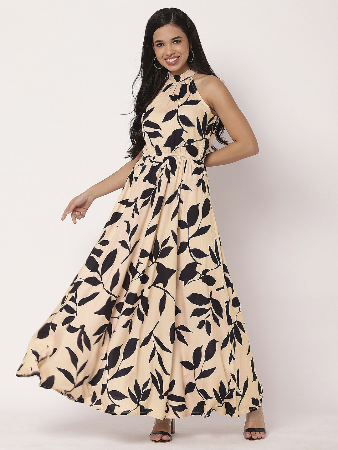 

Moomaya Tropical Print Choker Neck Maxi Dress, Peach