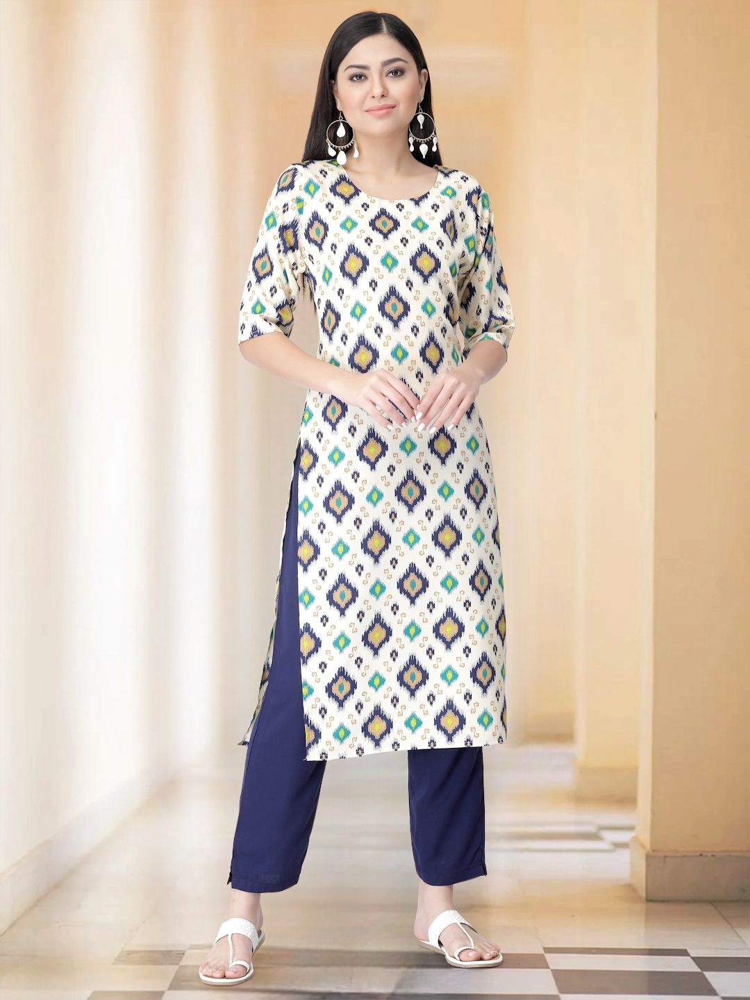 

7Threads Selection Of 2 Ethnic Motifs Printed Round Neck Straight Kurta With Trousers, Blue