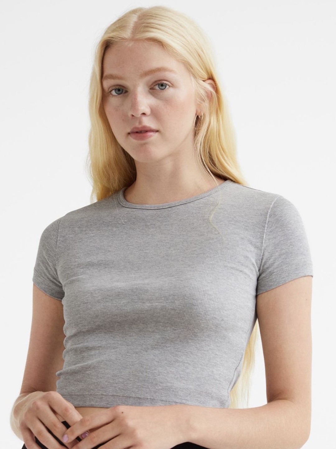 

sollobell Women Round Neck Cotton Fitted Crop Top, Grey