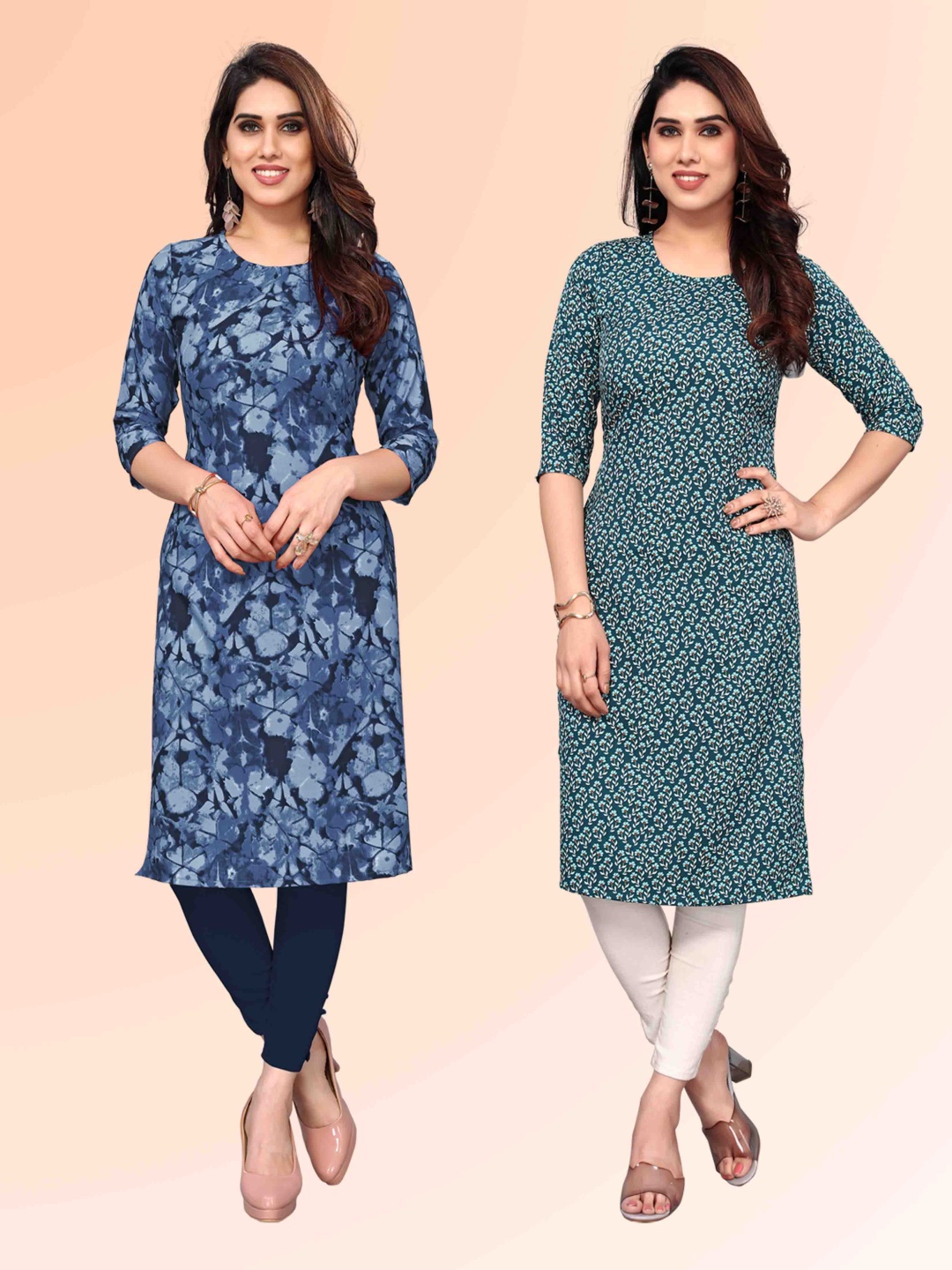 

KETAKI FASHION Selection Of 2 Floral Printed Round Neck Straight Kurtas, Green