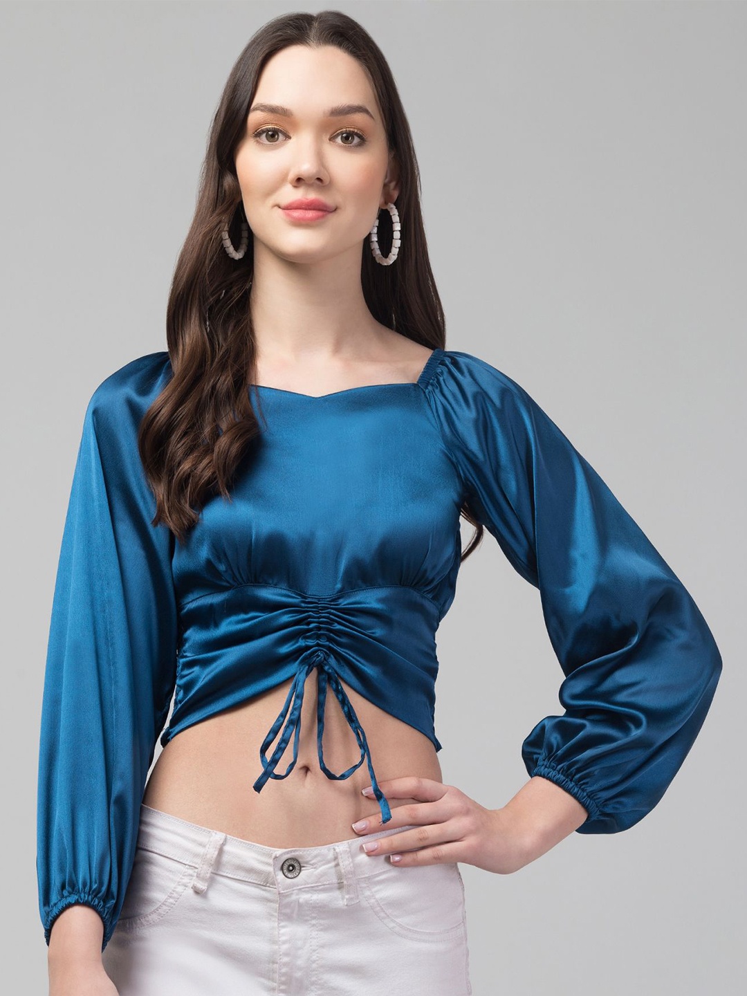 

CULPI Women Sweetheart Neck Cinched Waist Crop Top, Blue