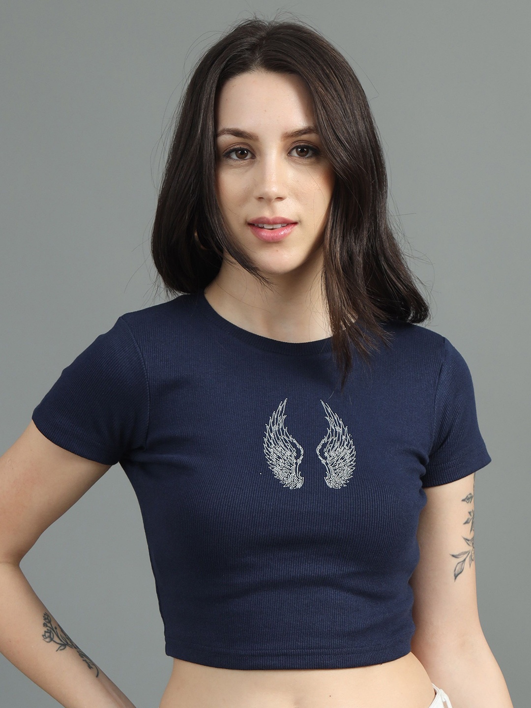 

sollobell Women Embellished Printed Cotton Crop Top, Blue