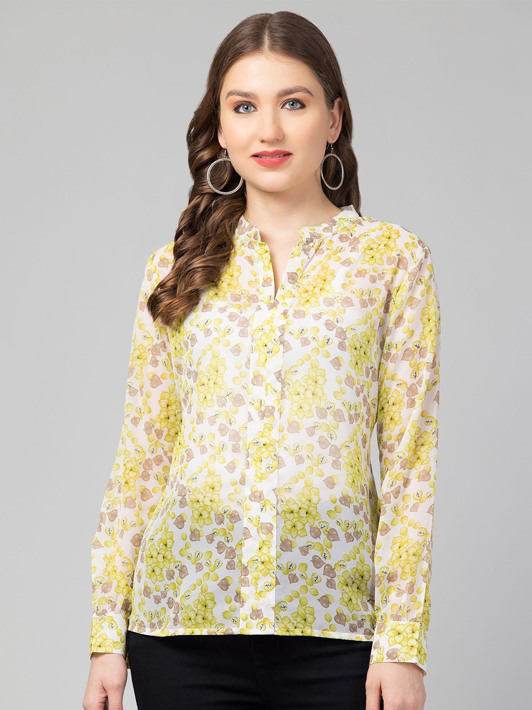 

CULPI Women Floral Printed Mandarin Collar Georgette Shirt Style Top, Yellow