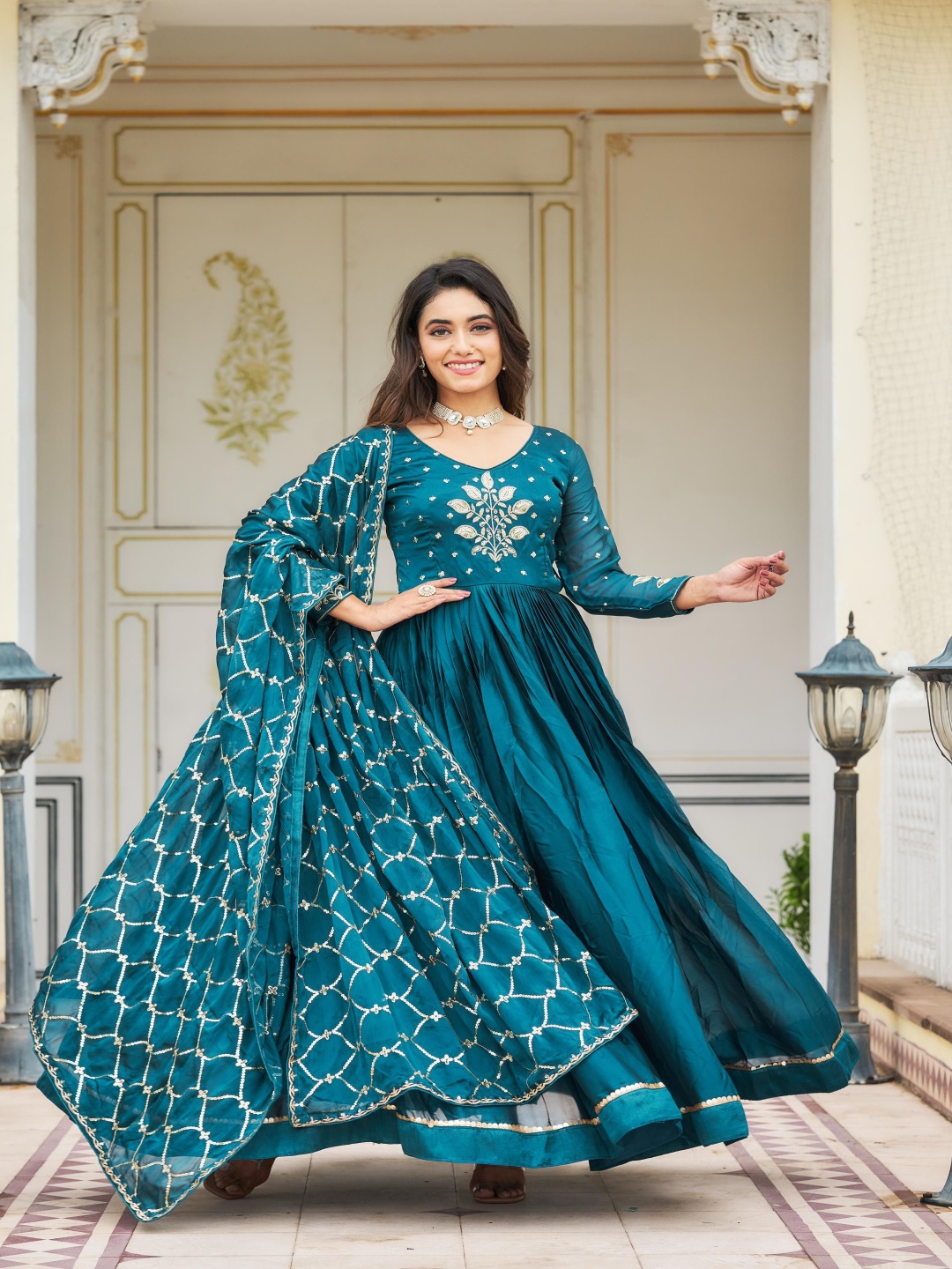 

Ethnic Yard Floral Embroidered V-Neck Georgette Maxi Gown Ethnic Dress With Dupatta, Turquoise blue