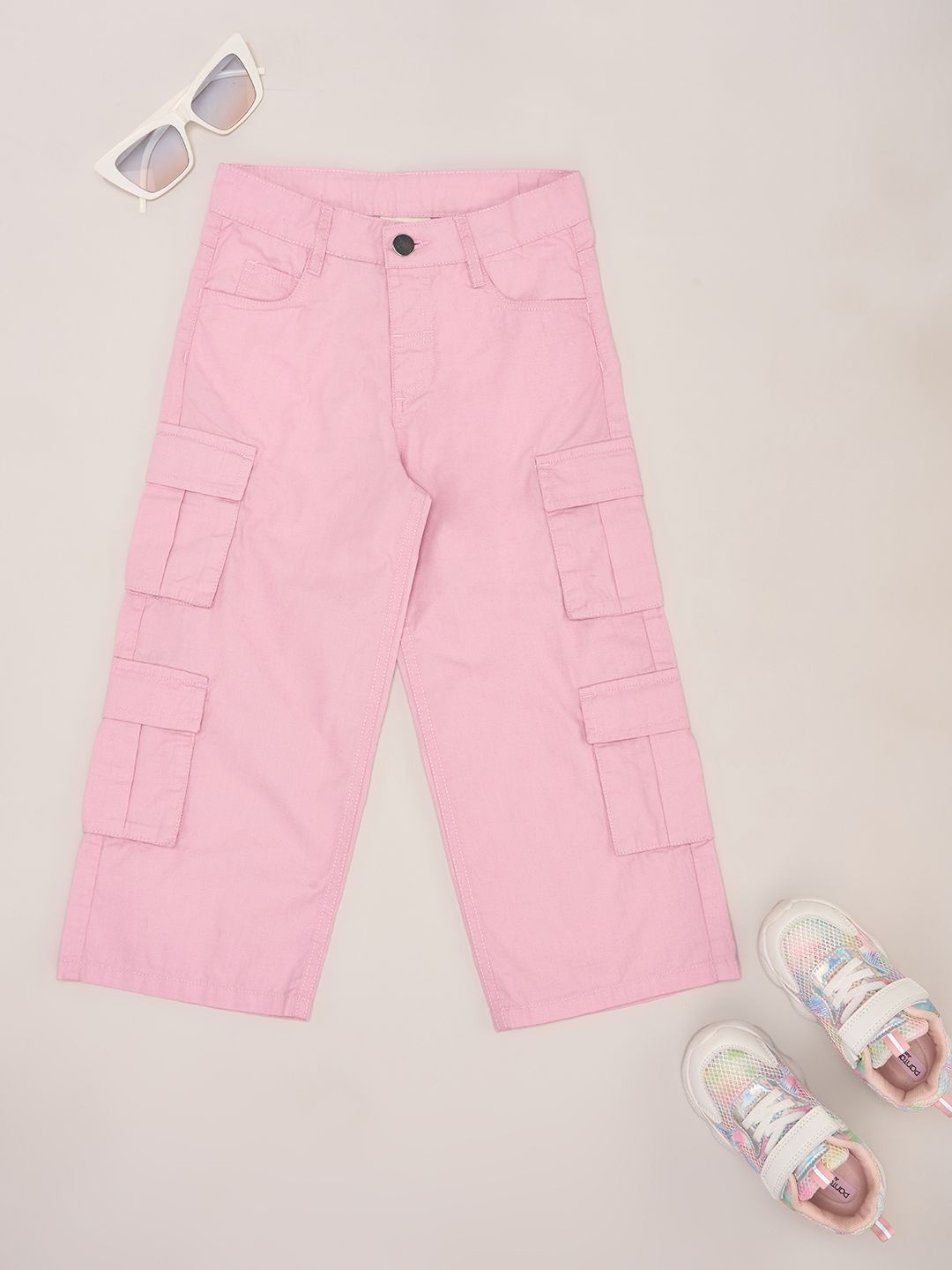 

Pantaloons Junior Girls Pure Cotton Easy Wash Flared High-Rise Cargo Trousers, Pink