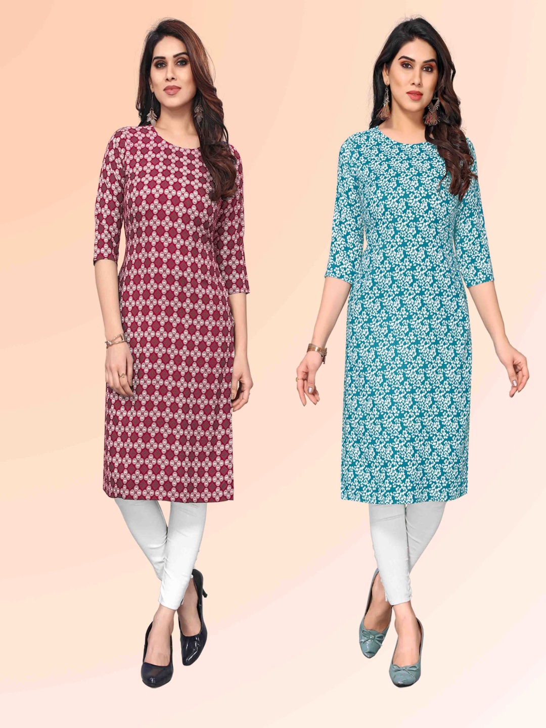 

KETAKI FASHION Selection Of 2 Geometric Printed Round Neck Straight Kurtas, Mauve