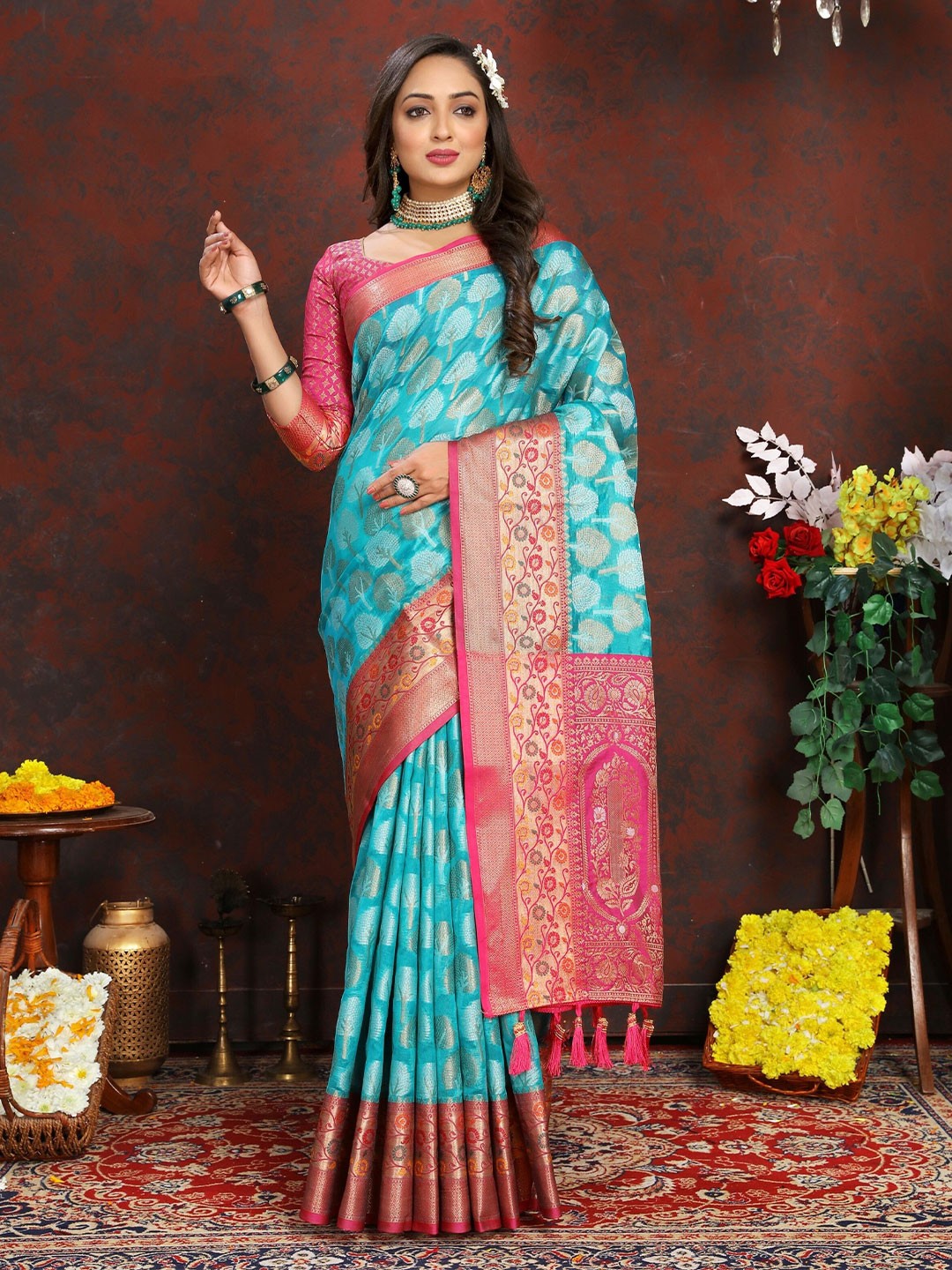 

Upalksh Ethnic Motifs Woven Design Zari Pure Cotton Banarasi Saree, Blue