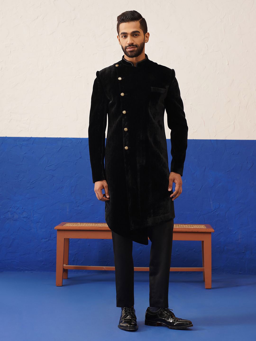 

TheEthnic.Co Men Black Velvet Asymetric Indowestern