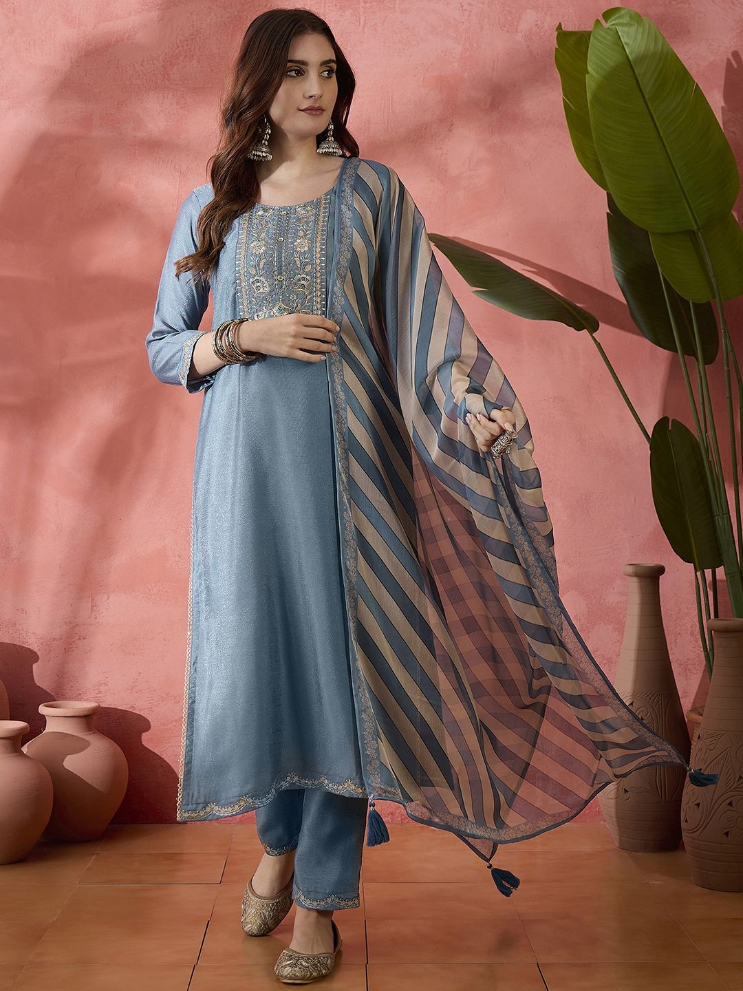 

Sangria Floral Embroidered Pure Cotton Straight Kurta With Trouser & Dupatta, Blue