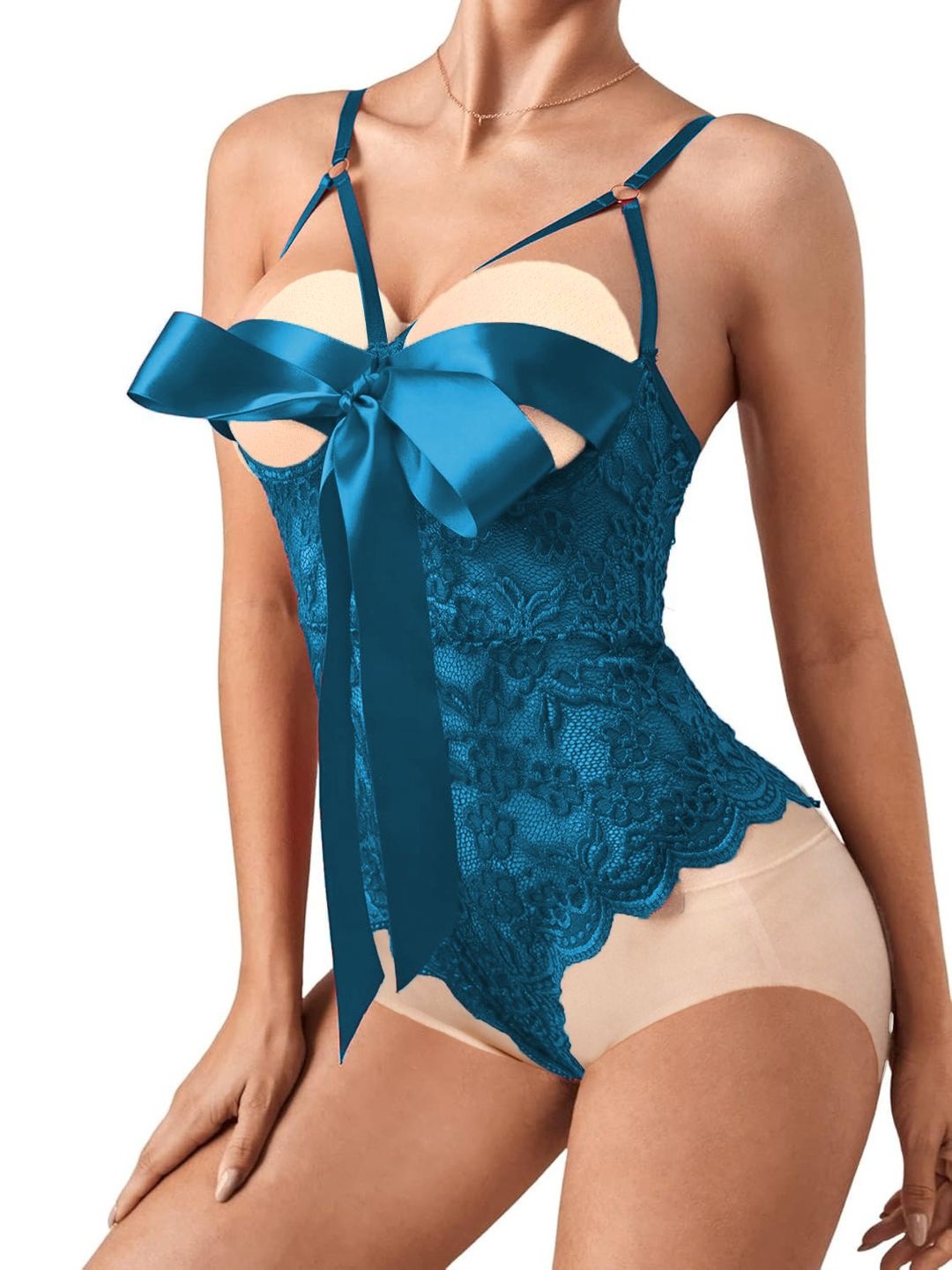 

KRENOZ Women Self Design Net Baby Doll, Teal