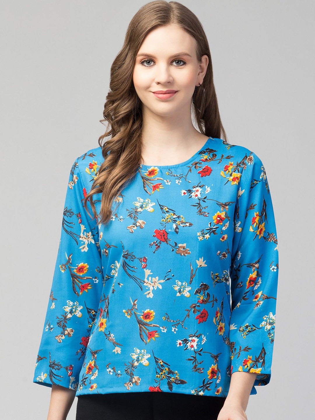 

CULPI Women Floral Printed Crepe long Top, Teal