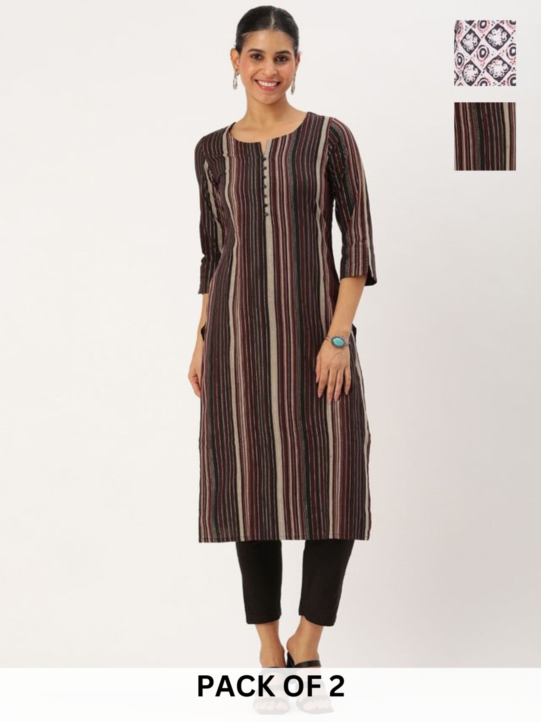 

KALINI Selection Of 2 Striped Round Neck Straight Kurtas With Trousers, Maroon