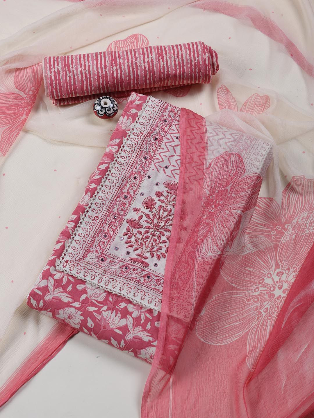 

Meena Bazaar Printed Unstitched Dress Material, Pink