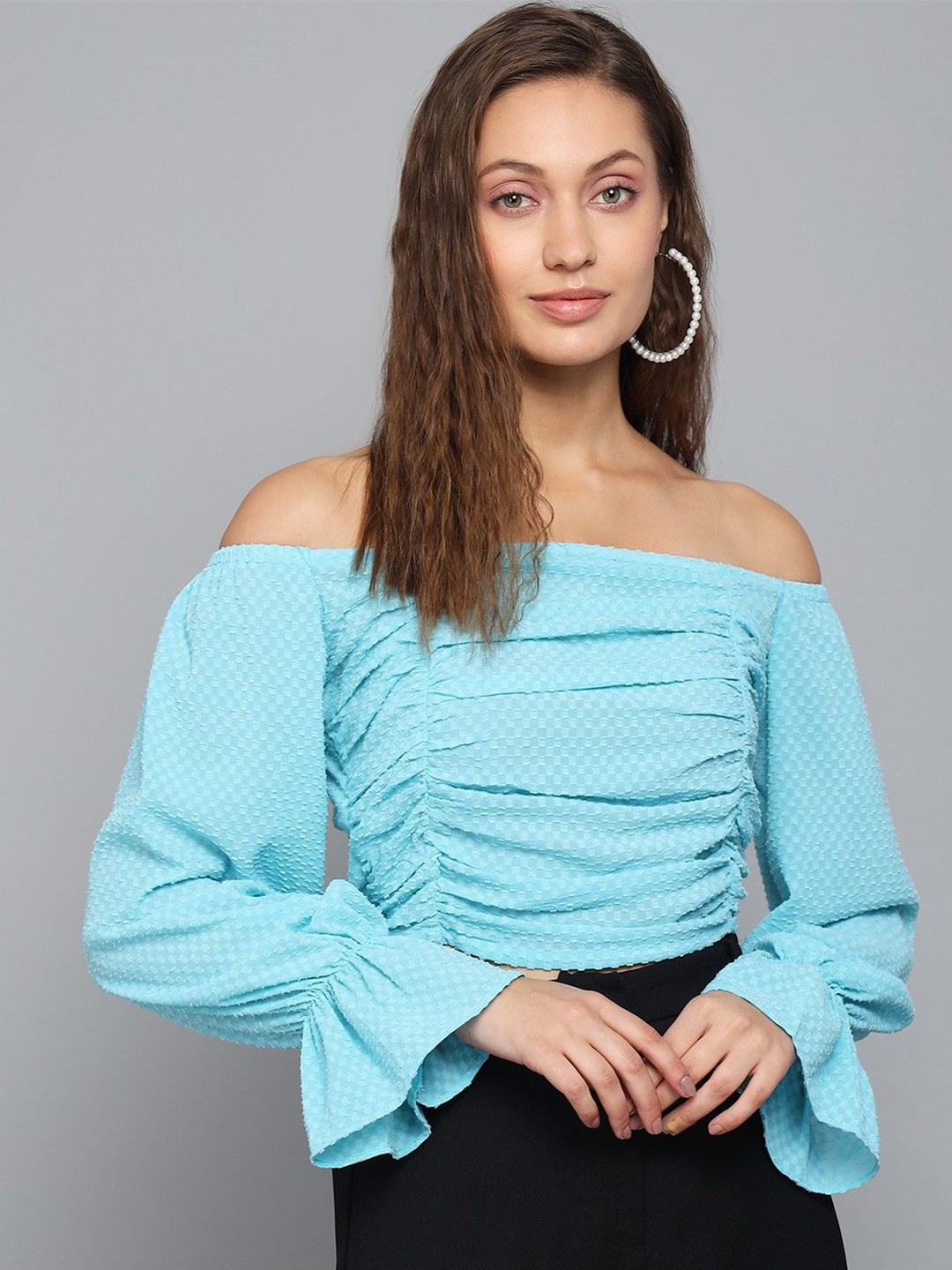 

CULPI Women Bell Sleeve Self Design Off-Shoulder Lace Bardot Top, Blue