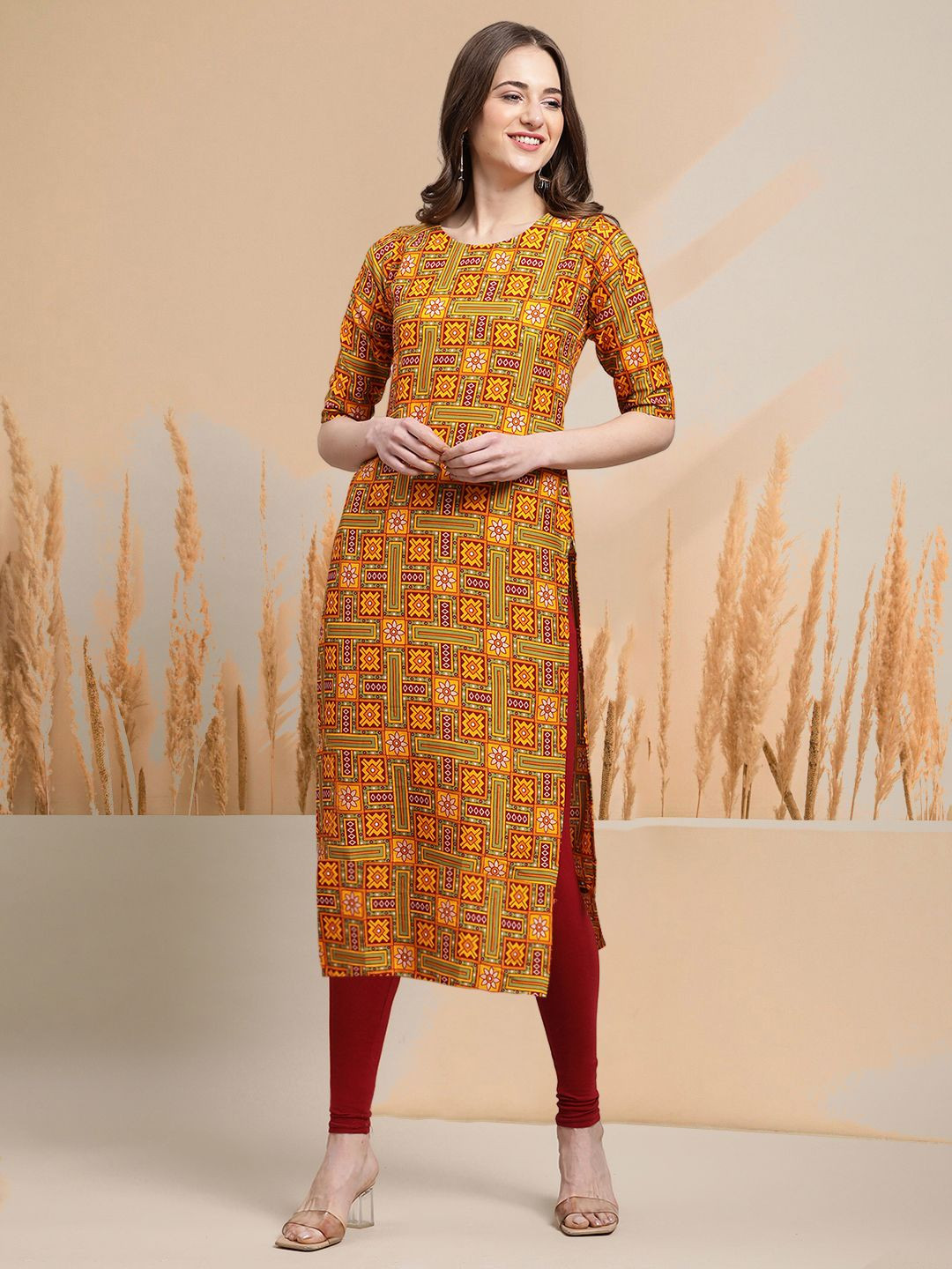 

7Threads Selection of 6 Geometric Printed Round Neck Straight Kurtas, Yellow