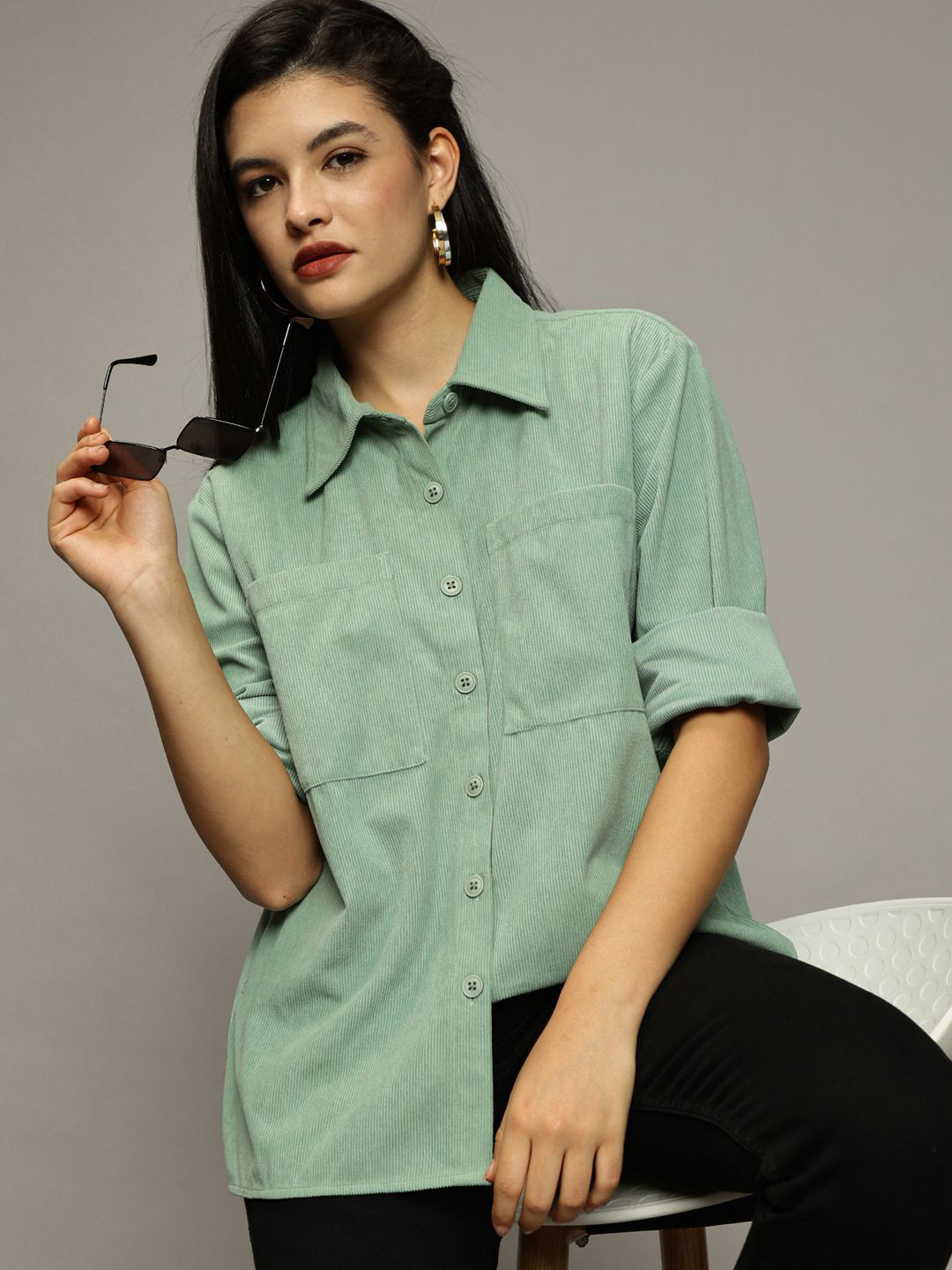 

The Roadster Lifestyle Co. Women Premium Boxy Fit Spread Collar Solid Casual Shirt, Green