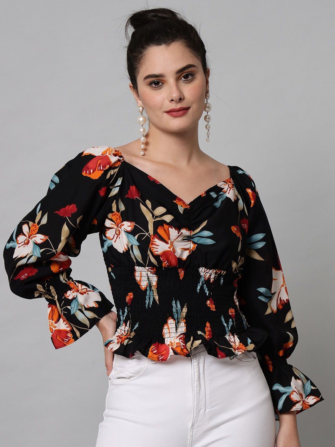 

CULPI Print Sweetheart Neck Bell Sleeve Lace Wrap Top, Black