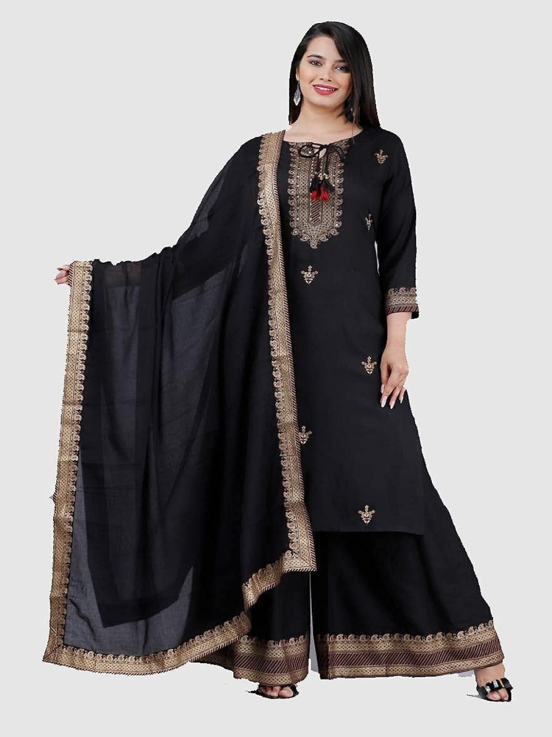 

Moda Rapido Ethnic Motifs Printed Embroidered A-Line Kurta With Sharara & Dupatta, Black