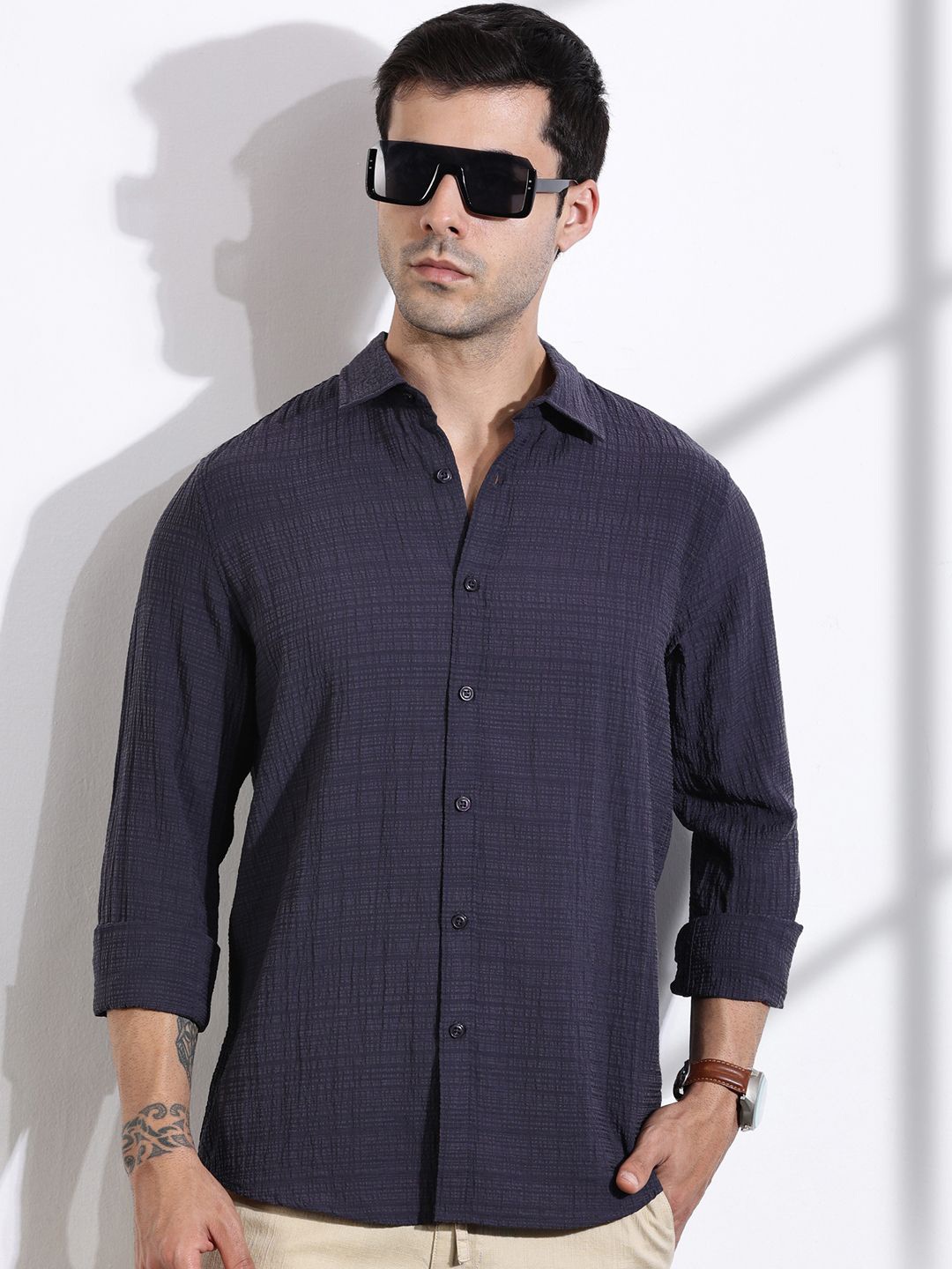 

Thomas Scott Men Classic Slim Fit Spread Collar Textured Casual Shirt, Navy blue