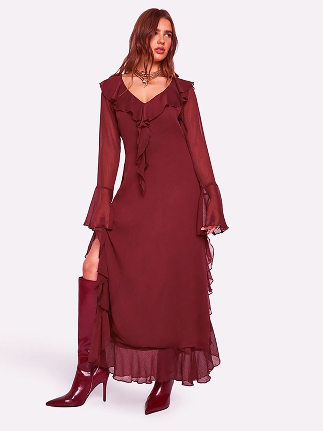

LULU & SKY Women V-Neck Maxi Dress, Burgundy